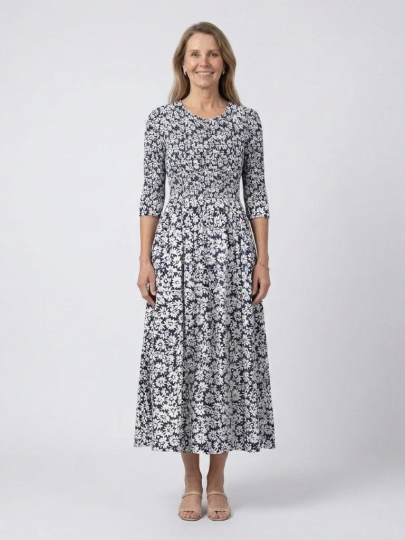 Floral Round Neck Three Quarter Sleeve Fit and Flare Midi Dress