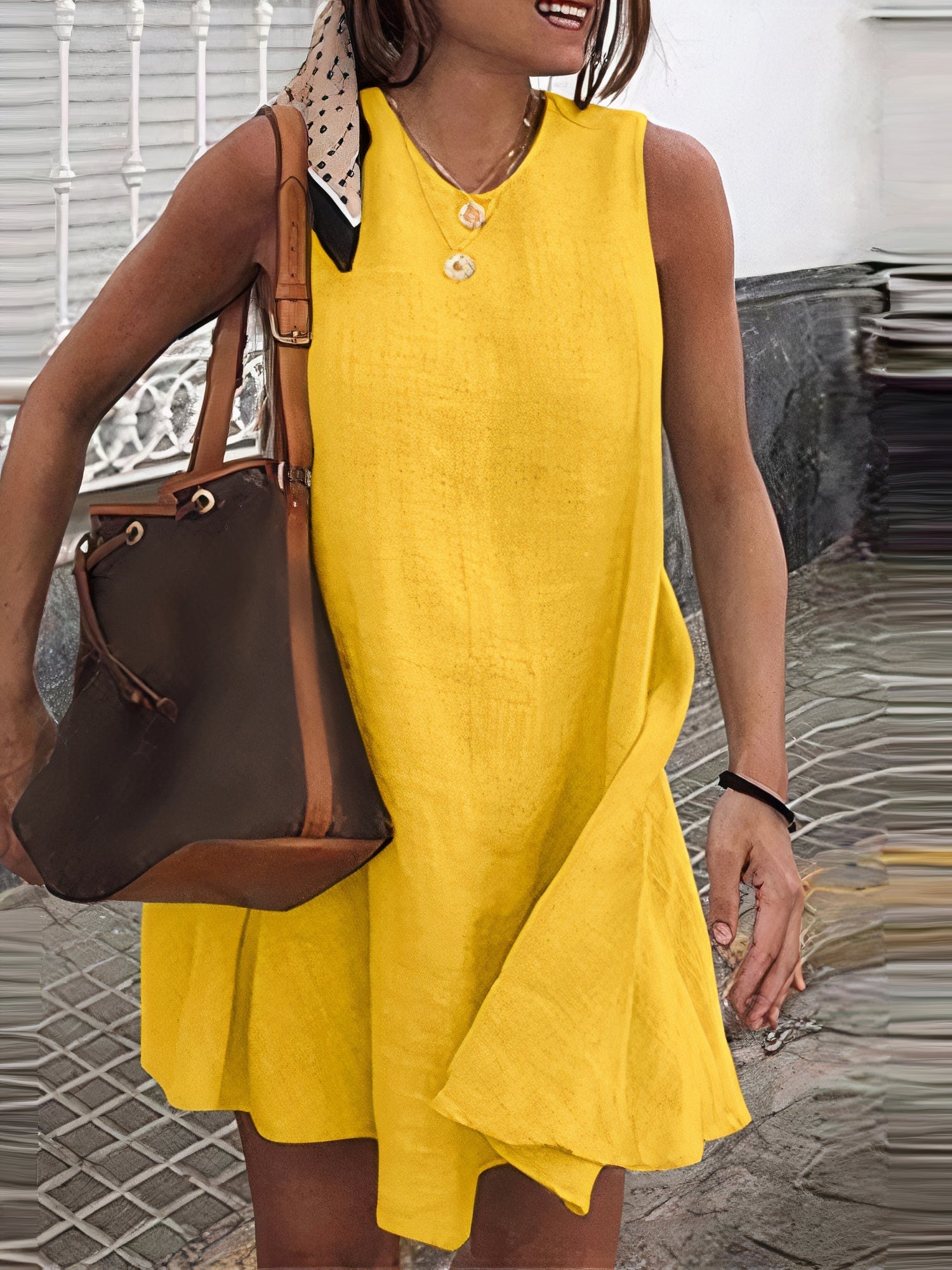 Sleeveless Round Neck Textured Woven Shift Mini Summer Dress
