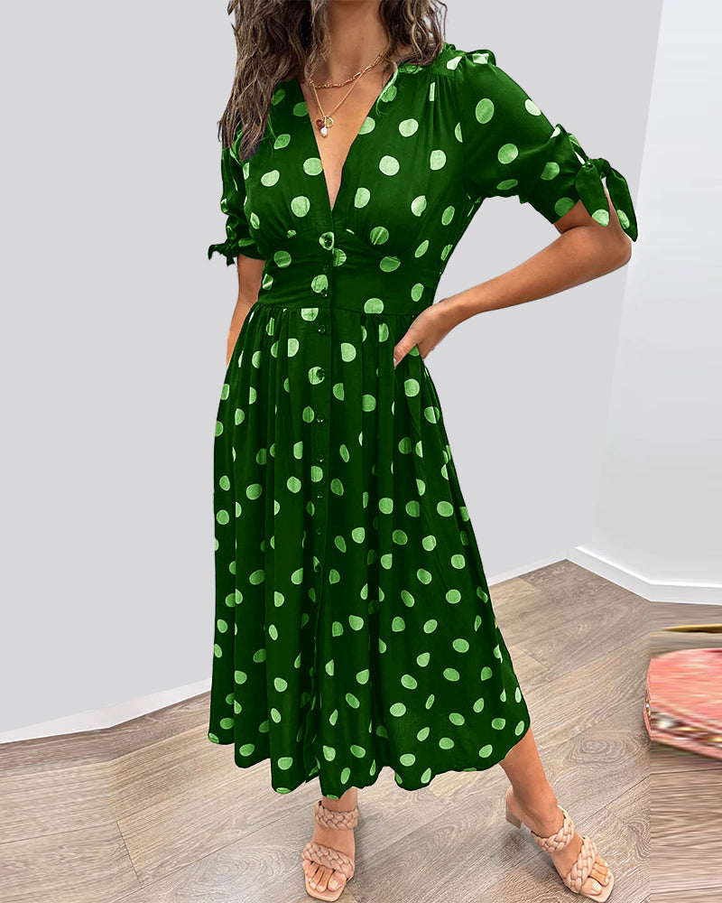 Polka Dot Deep V-Neck Button Front Puff Sleeve Tie Cuff Midi Dress