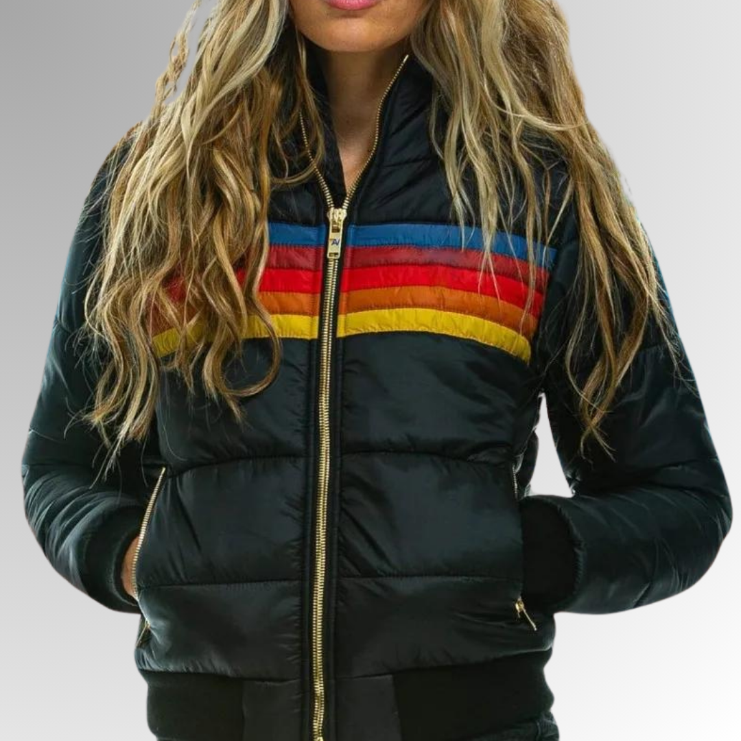 Hooded Zip Front Striped Panel Puffer Jacket