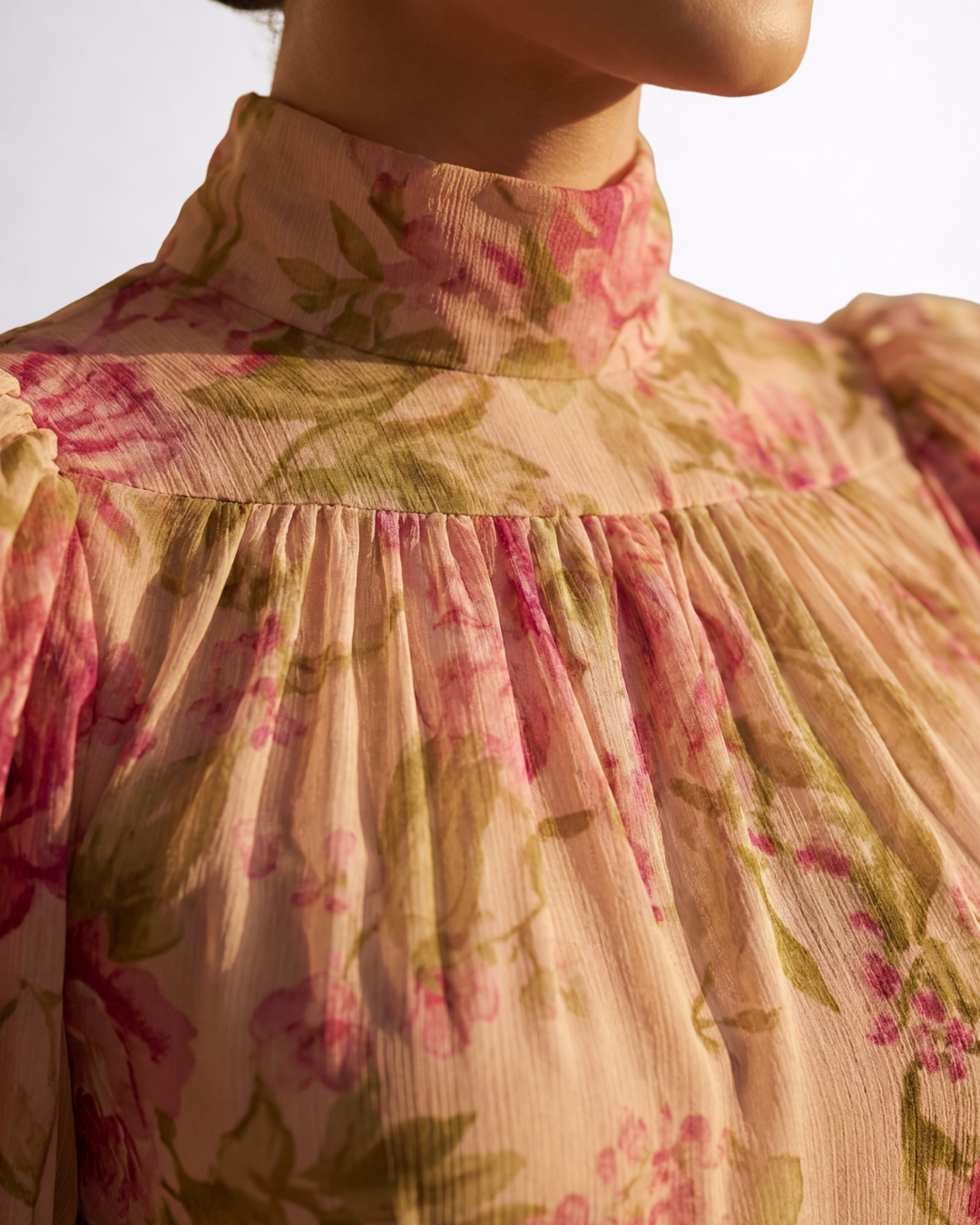 Floral Print High Neck Puff Sleeve Ruffle Hem Maxi Dress