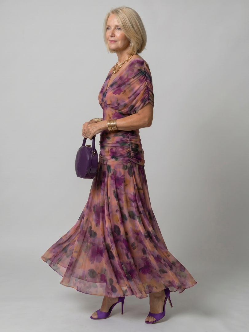 Floral Print Off Shoulder Twist Front Ruched Maxi Dress