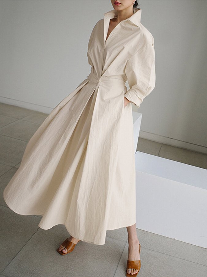 Collared Long Sleeve Pleated Waist A-Line Maxi Shirt Dress