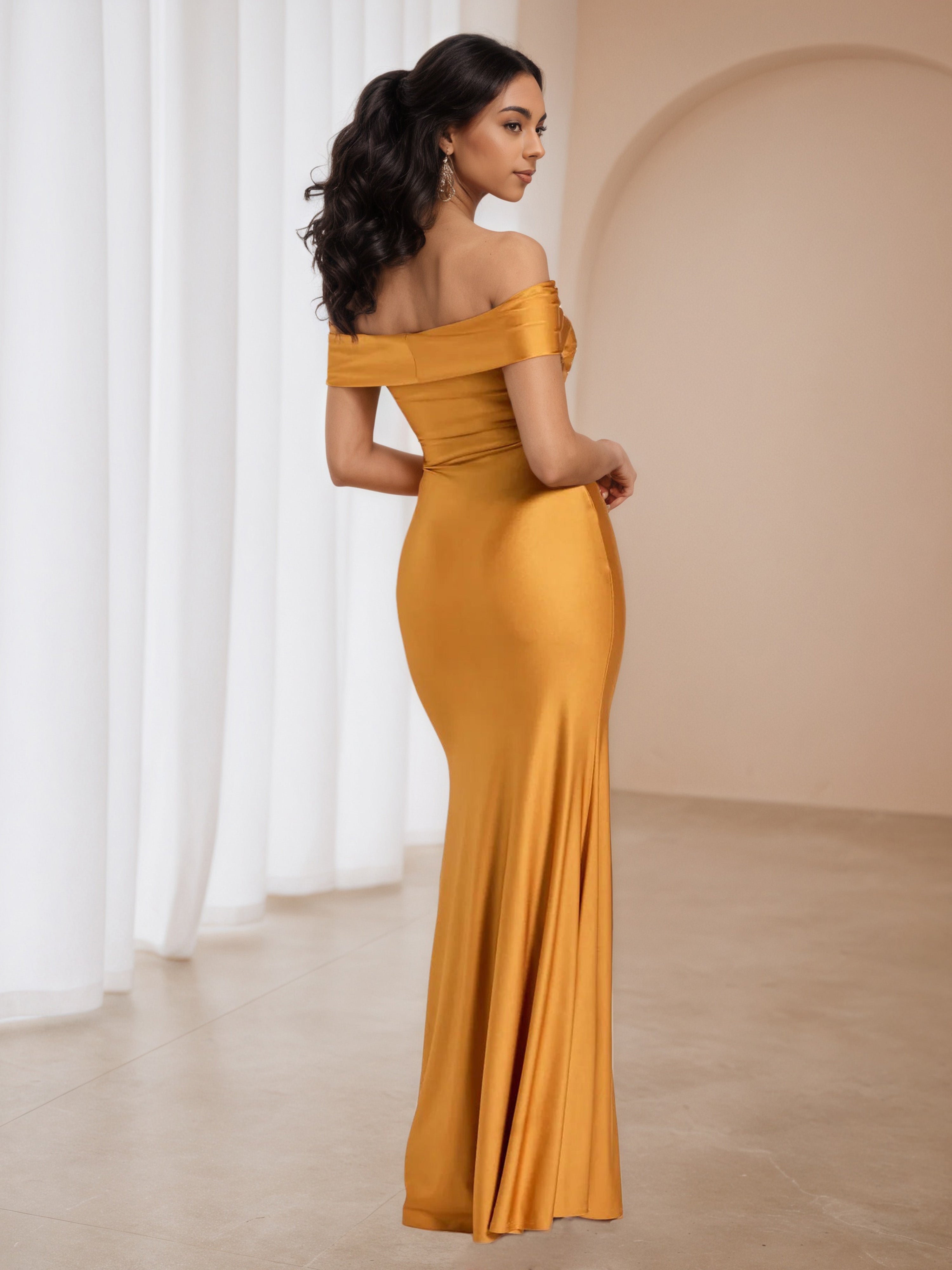 Off The Shoulder Twist Neck Tangerine Formal Dresses with Split
