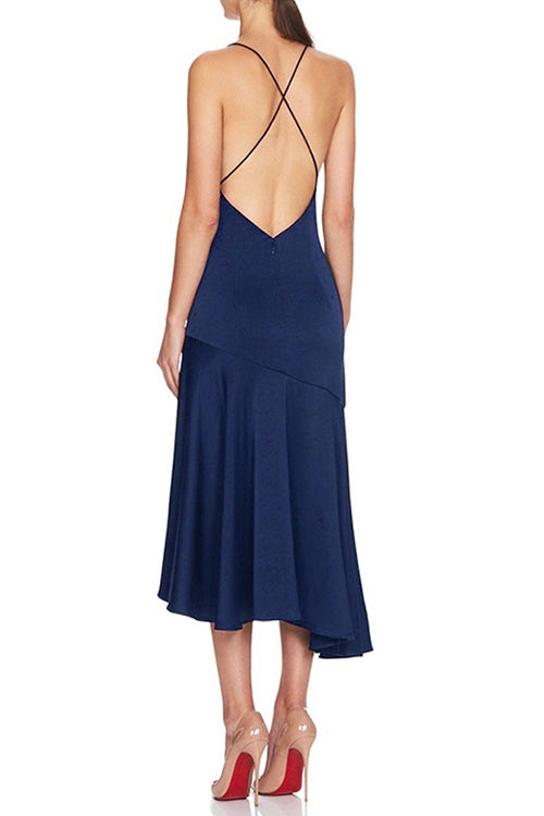 Satin Twist Front Sweetheart Cut Out High Split Ruffle Hem Midi Dress
