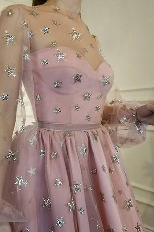 Tulle Star Print Puff Sleeve Mesh Overlay Sweetheart Mini Dress