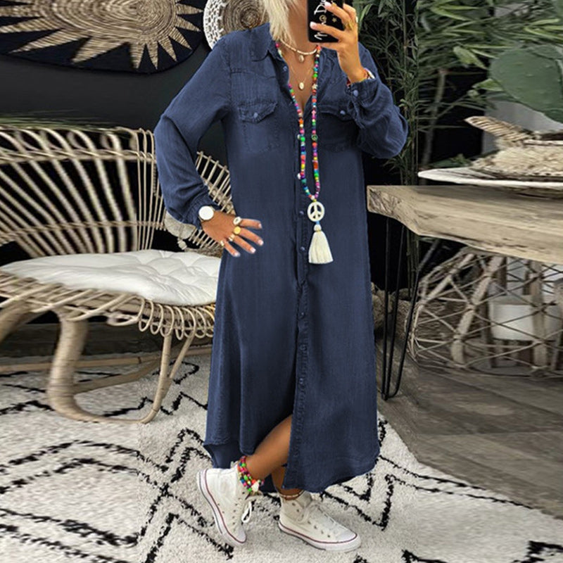 Denim Look Collared Button Front Long Sleeve Shirt Dress