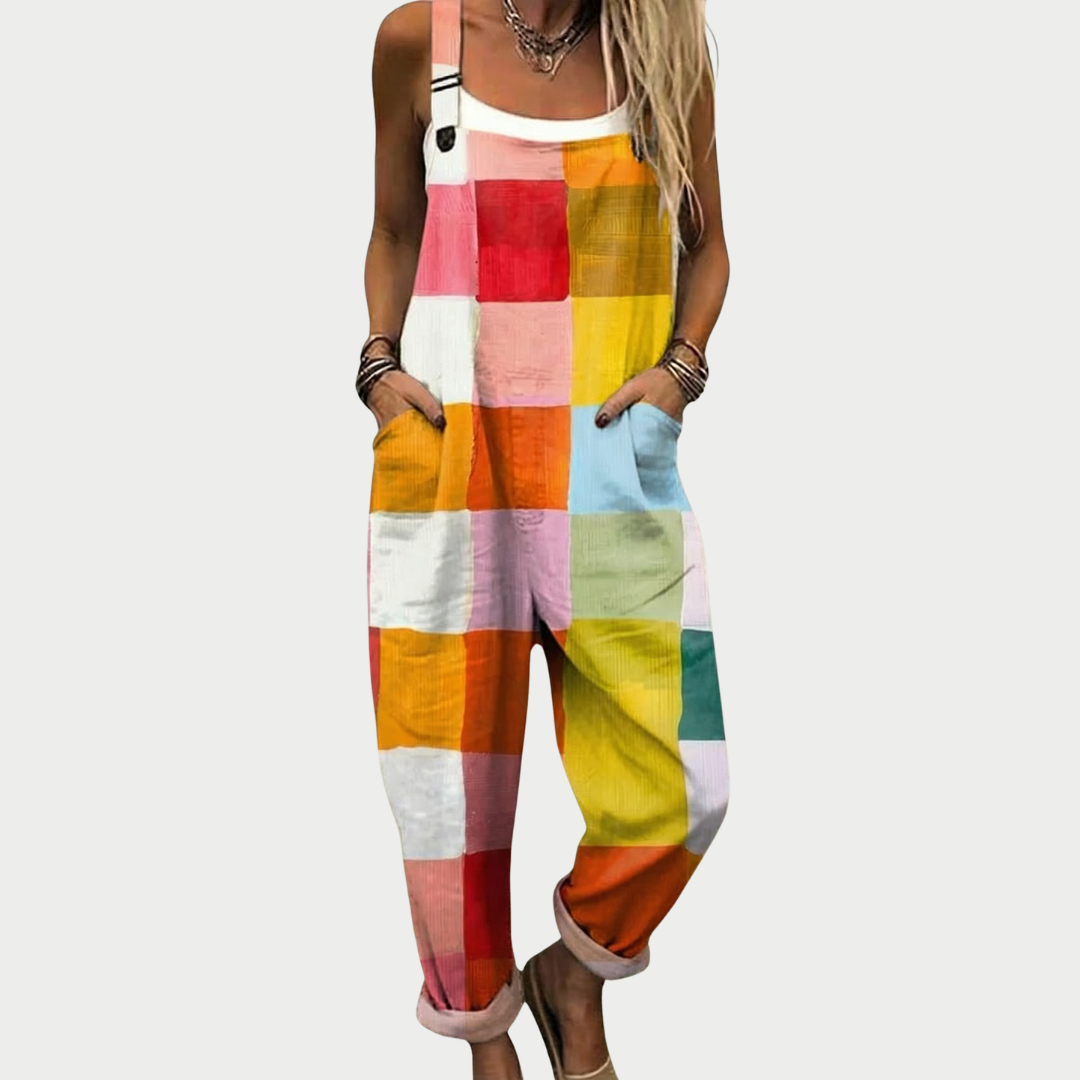 Colorblock Check Print Pocket Overall Jumpsuit