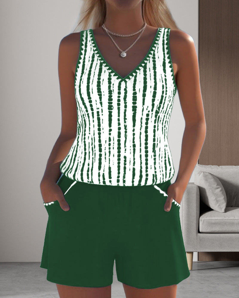 Striped V-Neck Sleeveless Pocket Playsuit