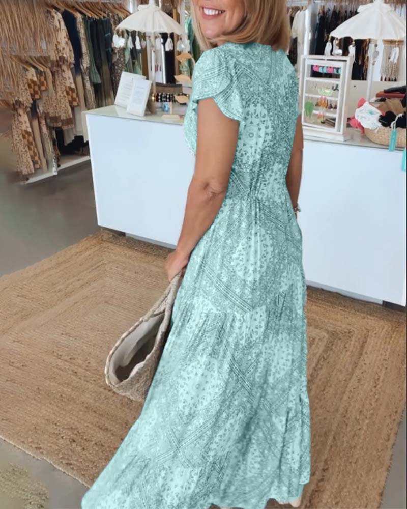 V-Neck Flutter Sleeve Buttoned Tiered Boho Maxi Dress