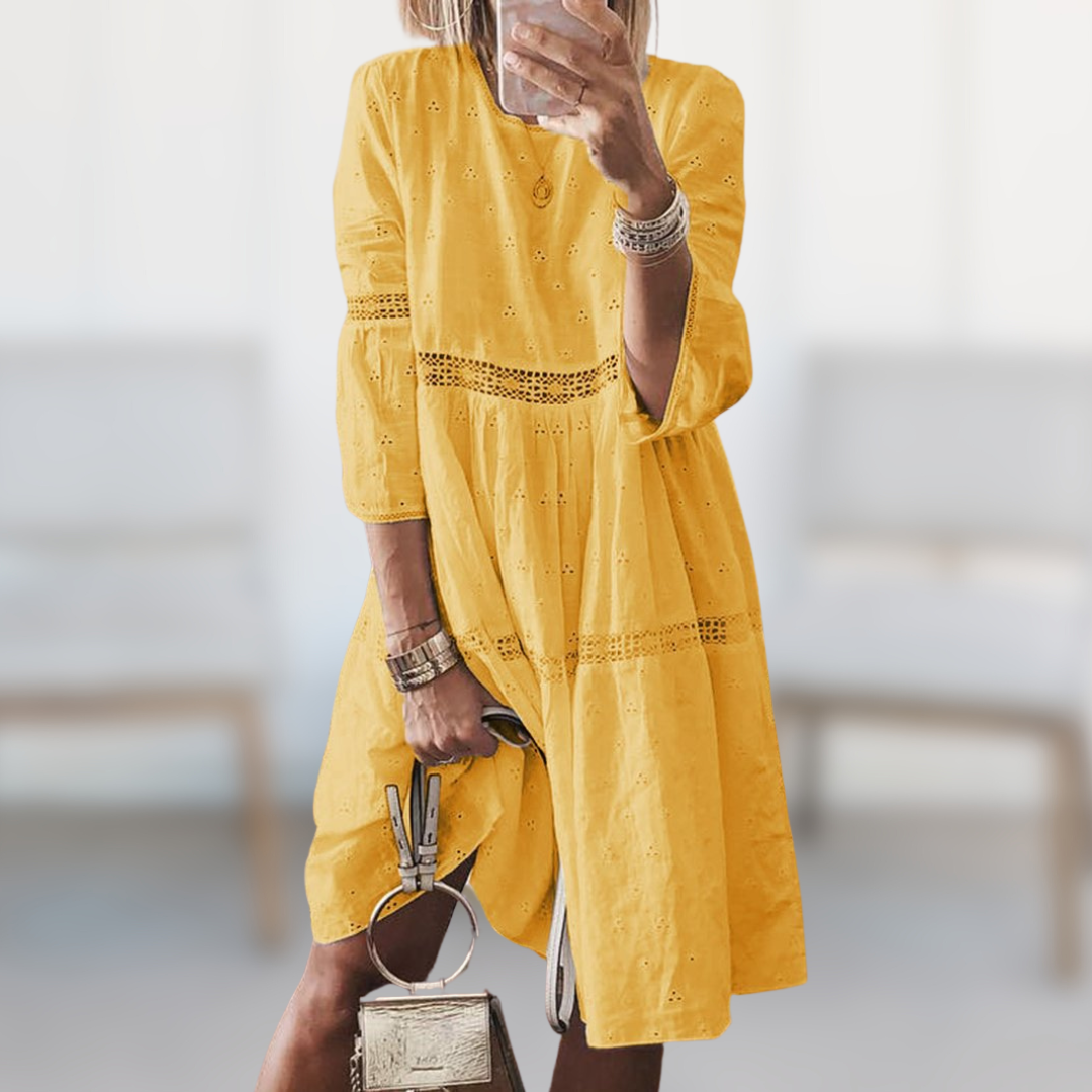 Eyelet Embroidered Lace Trim Tiered 3/4 Sleeve Mini Dress