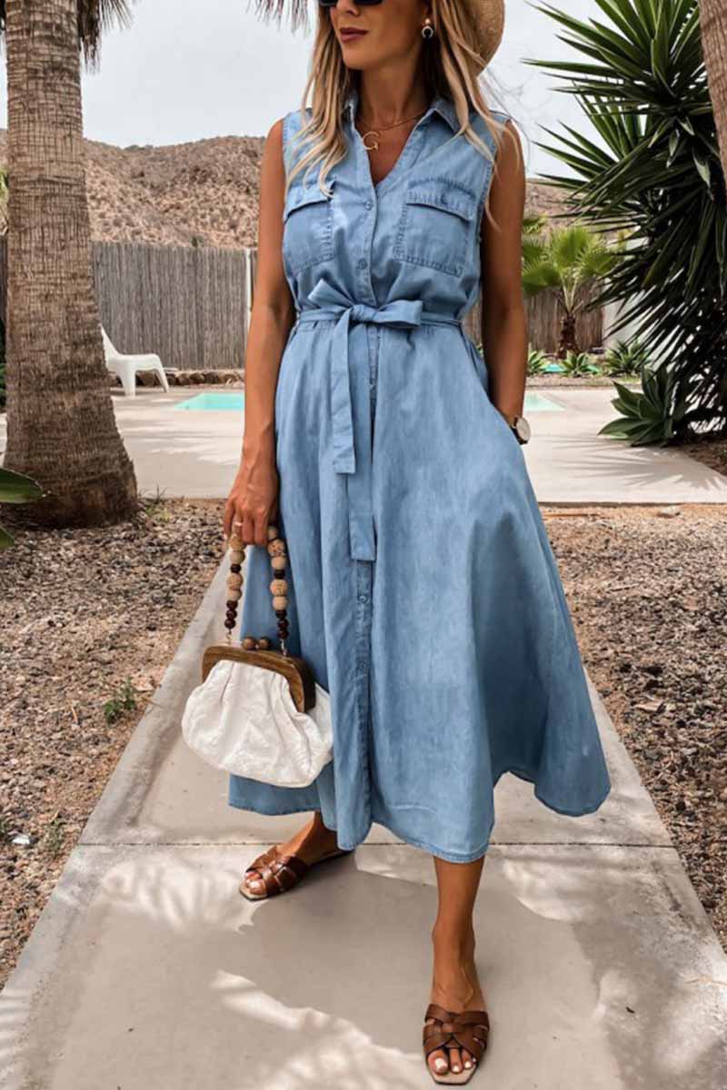 Denim-Look Sleeveless Collared Button Front Belted Midi Shirt Dress