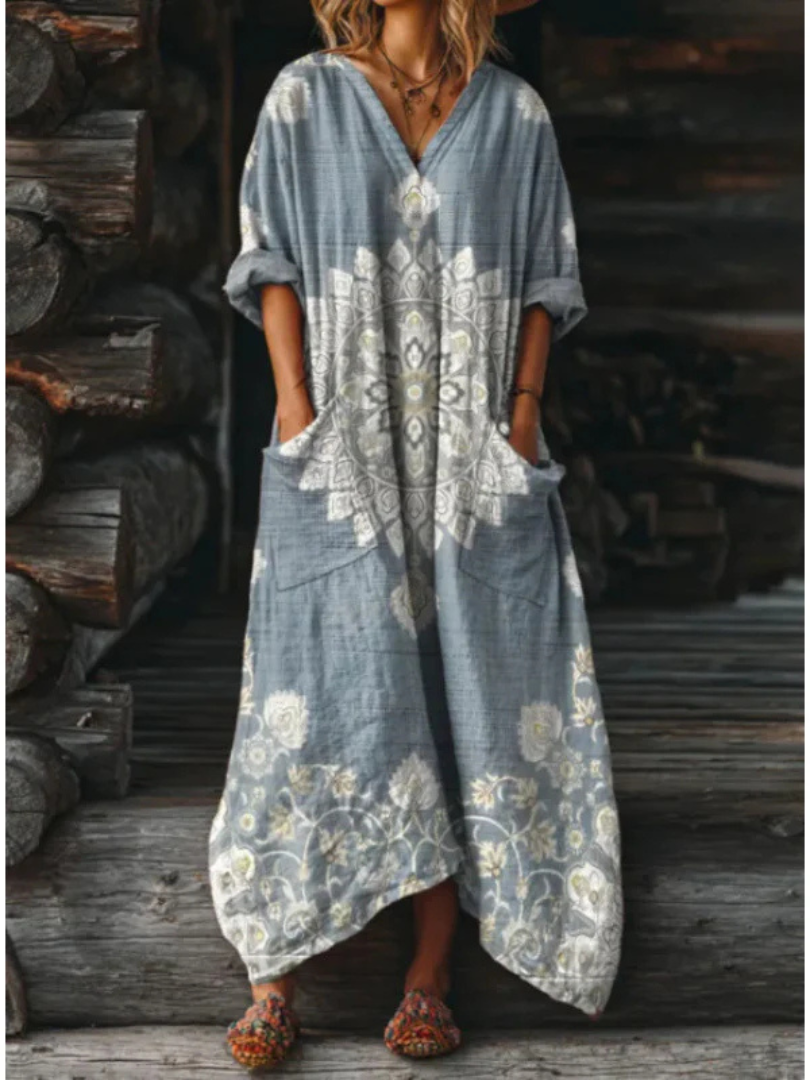 Paisley Floral Long Sleeve Round Neck Maxi Dress