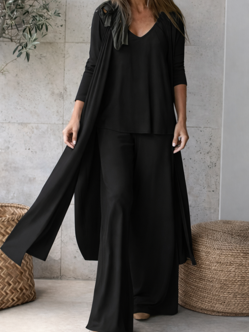 Satin Cami Wide Leg Pants and Longline Duster Three Piece Set