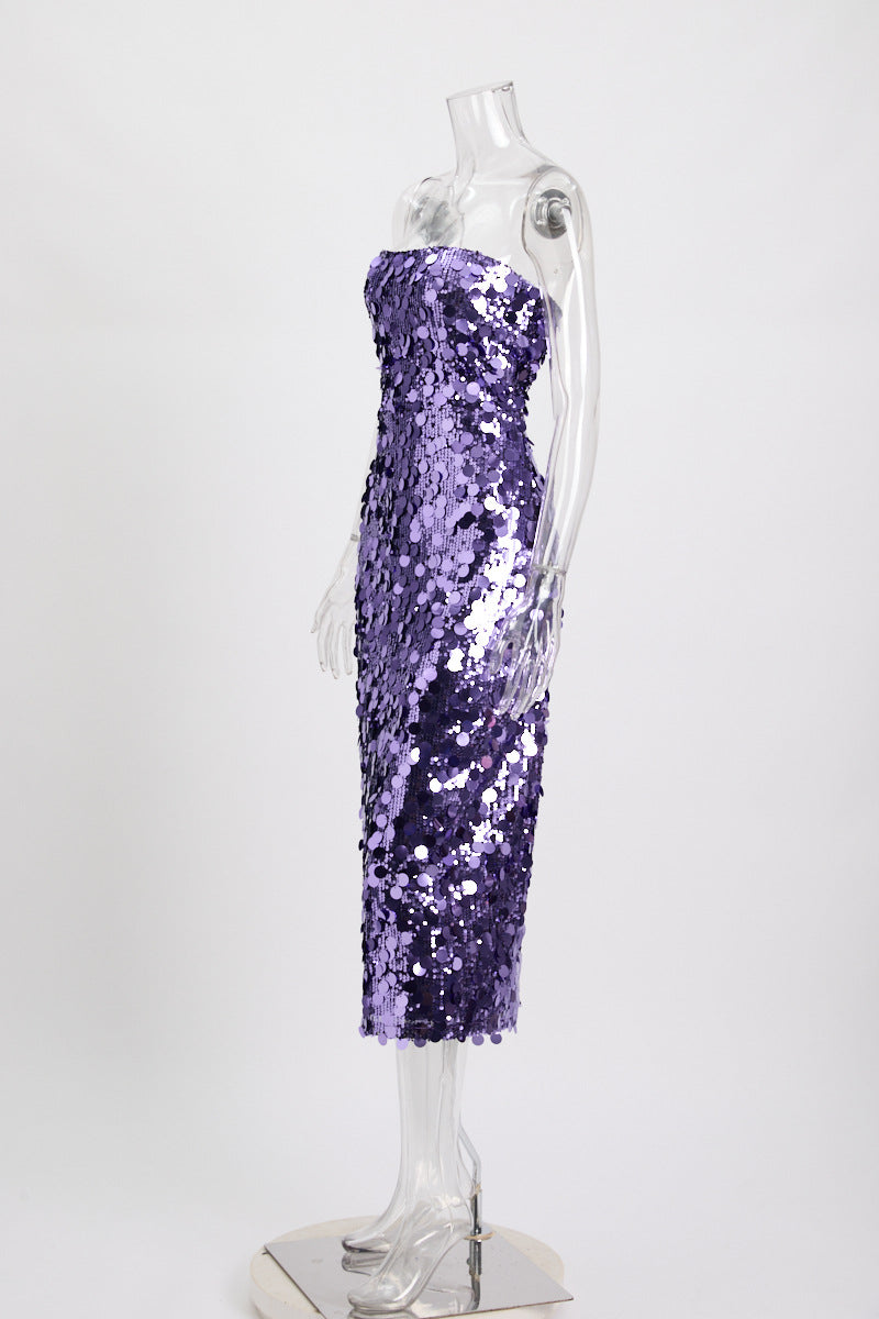 Paillette Sequin Strapless Bodycon Midi Party Dress