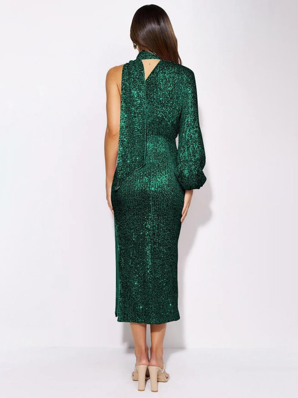 Sequin High Neck One Sleeve Slit Midi Dress
