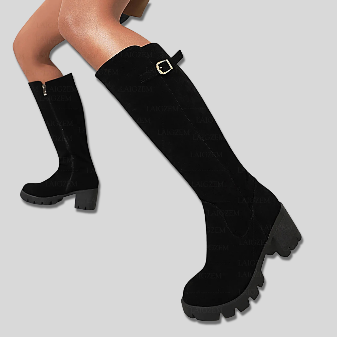 Suede Block Heel Lug Sole Knee High Boots