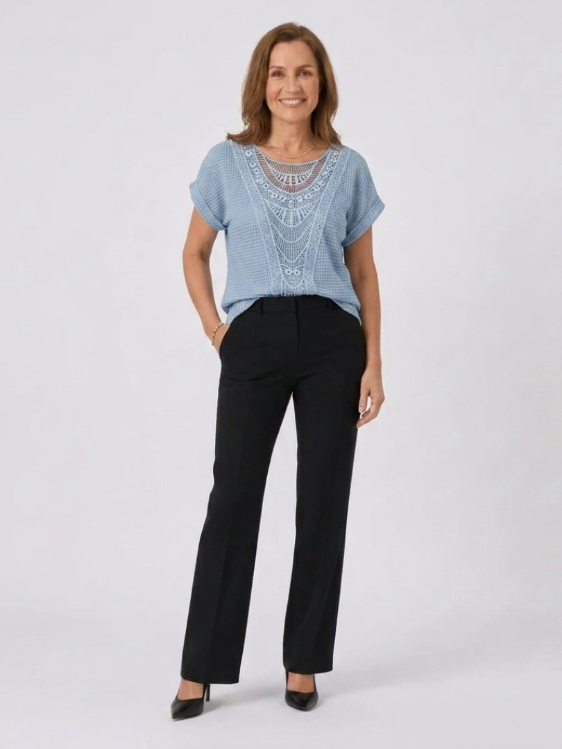 Crochet Lace Panel Short Sleeve Knit Top