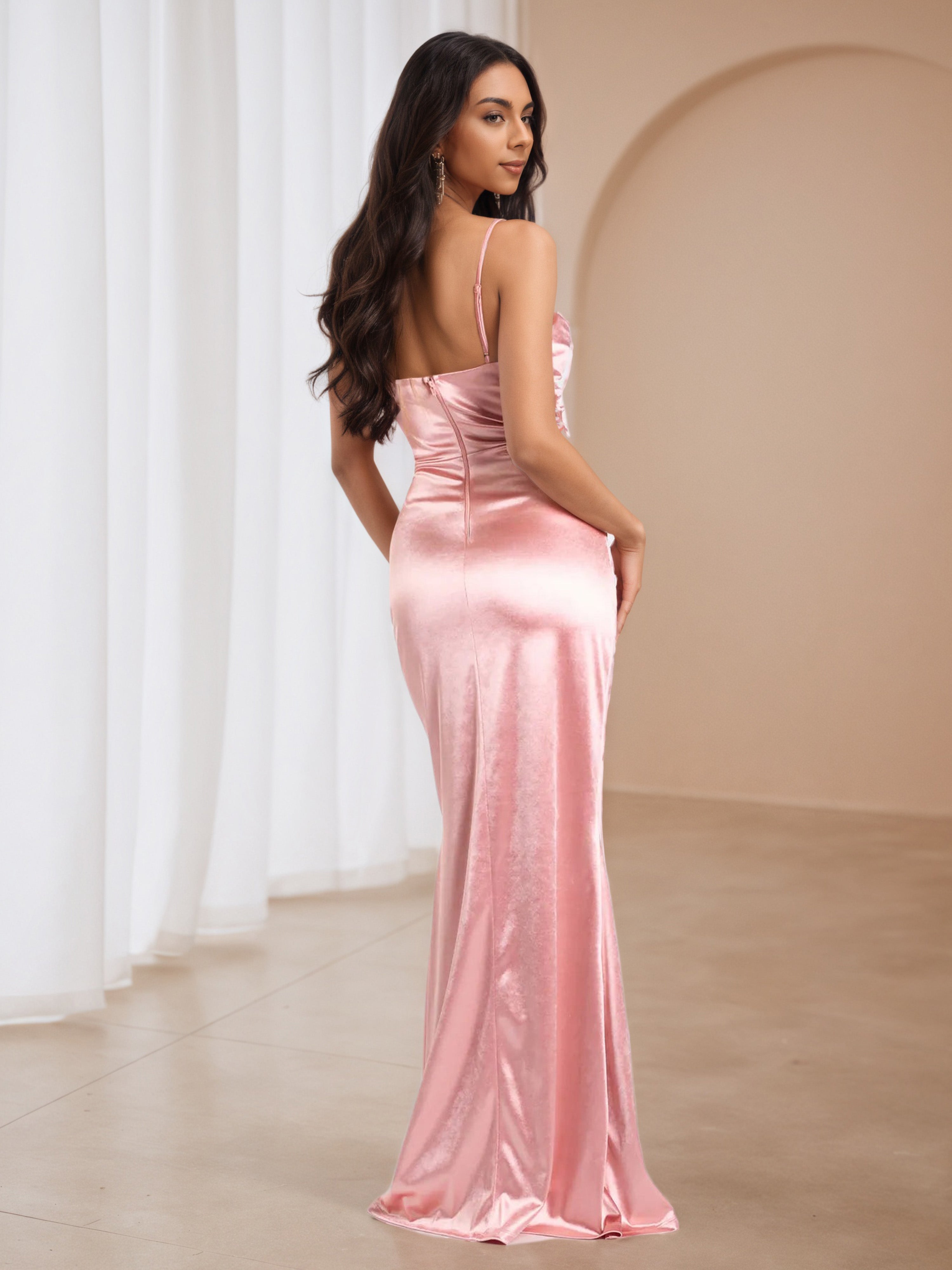 Spaghetti Straps Blush Long Formal Dresses with Split