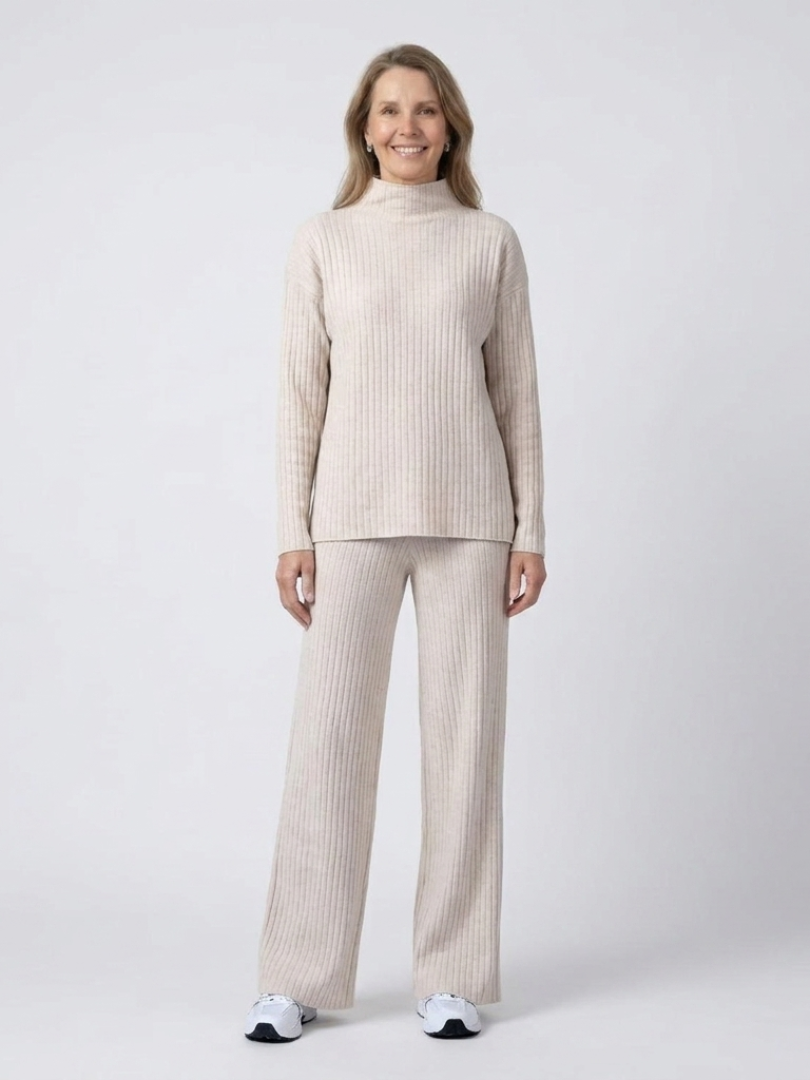 Ribbed Knit Mock Neck Top and Wide Leg Pants Two Piece Set