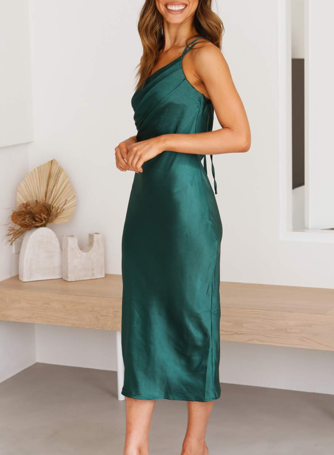 Satin One Shoulder Cowl Neck Spaghetti Strap Slip Midi Dress