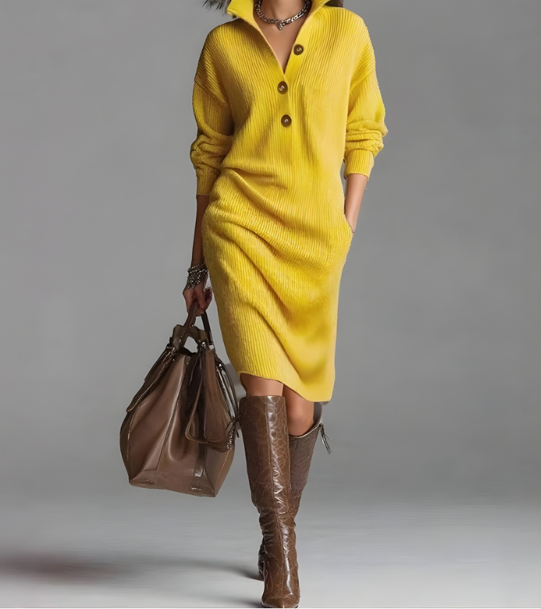 Ribbed Knit Collared Button Neck Sweater Dress