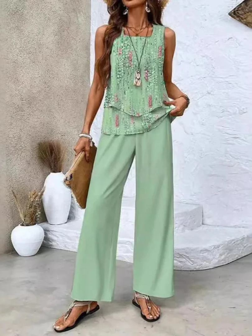 Sleeveless Layered Top and Floral Wide Leg Pants Two Piece Set