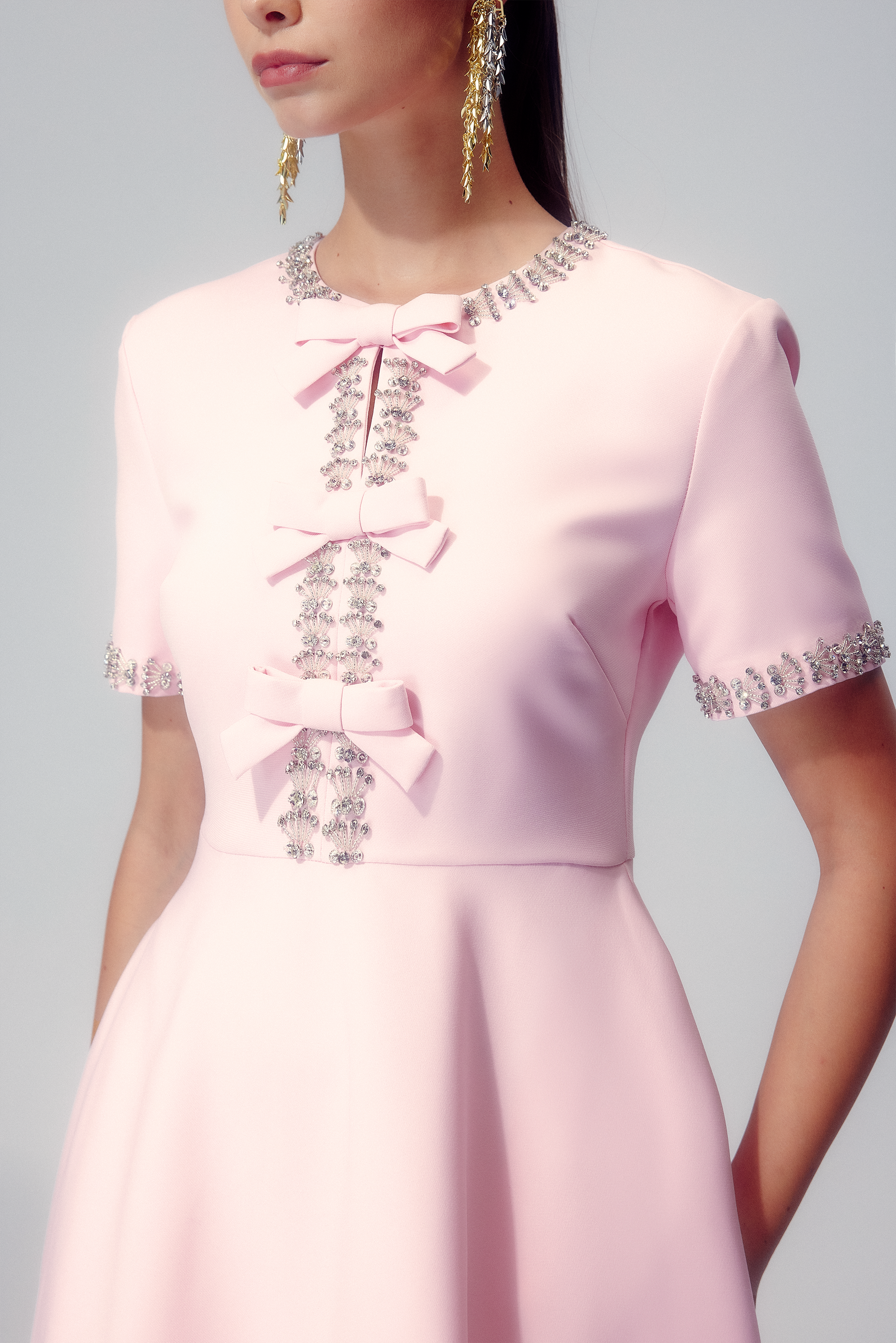 Rhinestone Trim Triple Bow Short Sleeve Round Neck A-Line Midi Dress