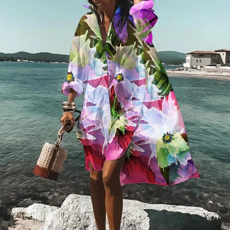 Tropical Floral Print Button Down Collar Long Sleeve Oversized Mini Shirt Dress