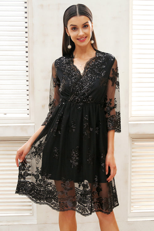 Sequin Floral Deep V-Neck Long Sleeve Wrap Mini Dress