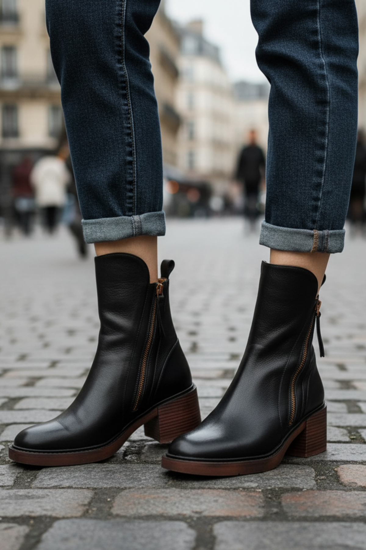 Round Toe Front Zip Block Heel Ankle Boots