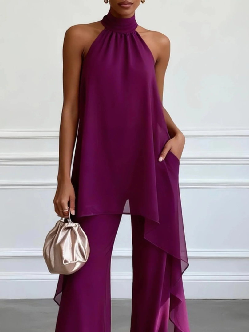 Halter Neck Chiffon Overlay Top and Wide Leg Pants Two Piece Set