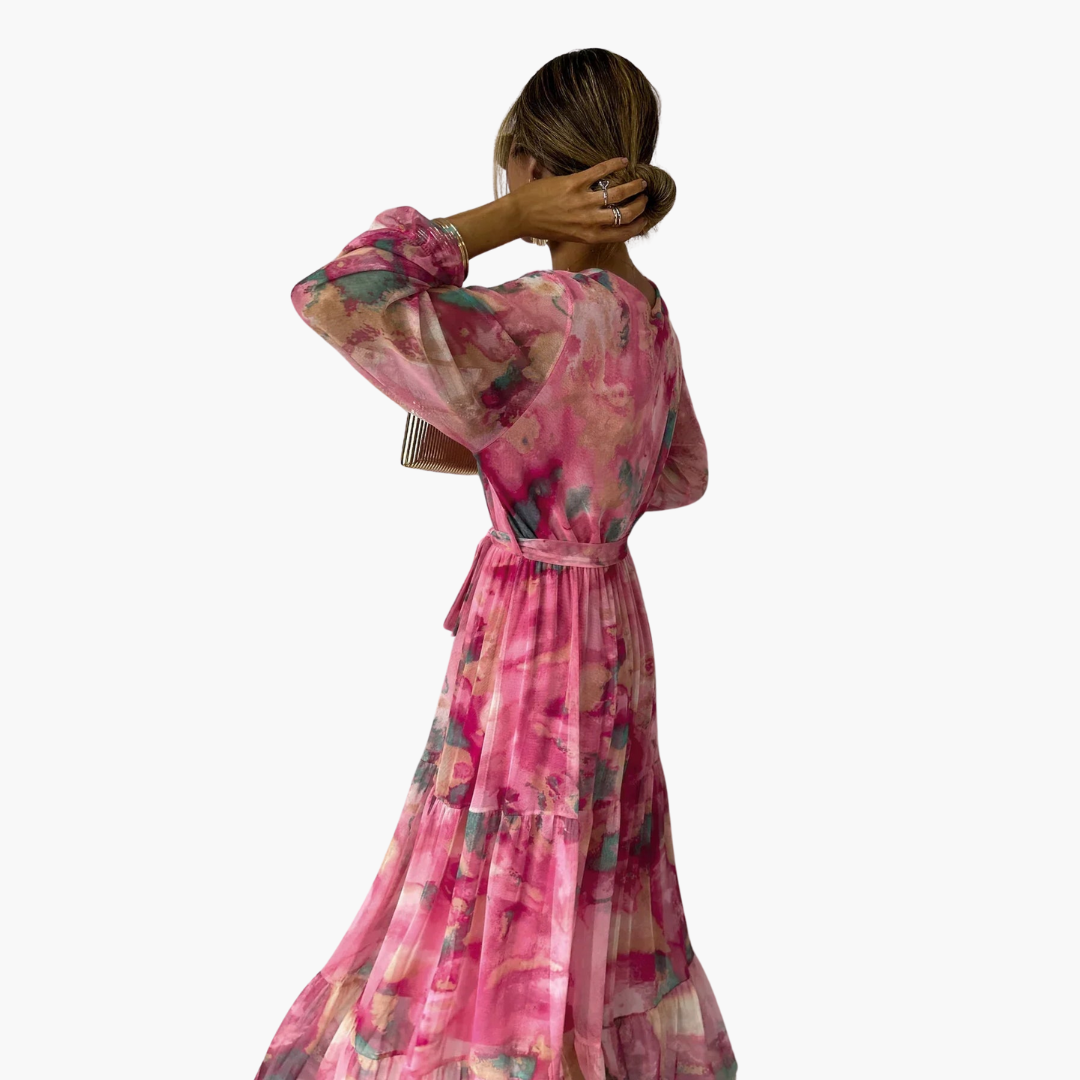 Floral Chiffon V-Neck Long Sleeve Tiered Maxi Dress 9