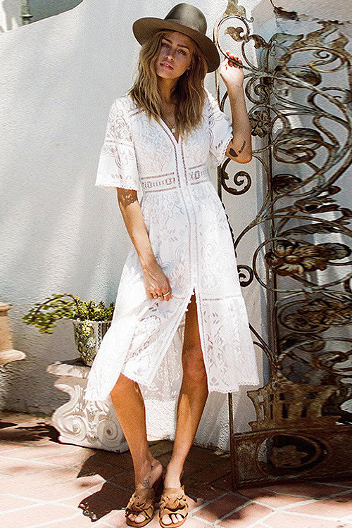 Lace V-Neck Short Sleeve Button Front Split Midi Dress