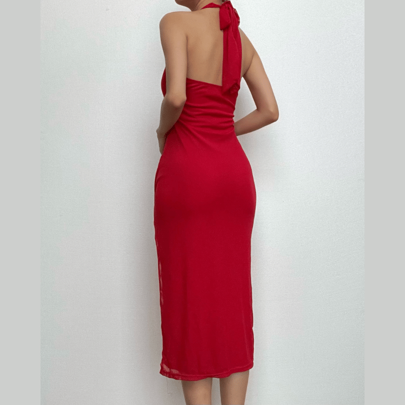 Halter Deep V-Neck Rosette Ruched High Split Midi Dress