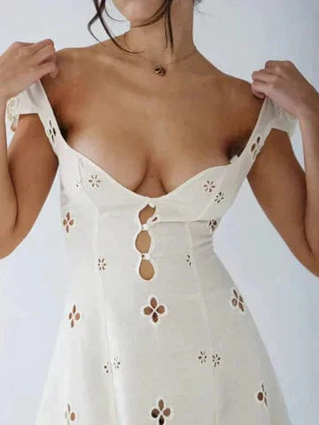 Eyelet Embroidered Cap Sleeve Keyhole Button Front Bodycon Midi Dress
