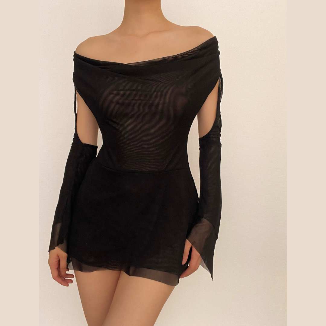 Mesh Cowl Neck Halter Long Sleeve Ruched Mini Dress