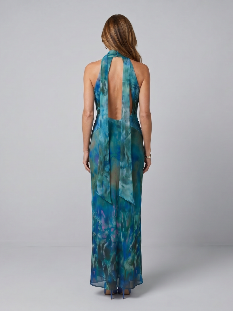 Watercolor Print Halter Neck Keyhole Draped Maxi Gown