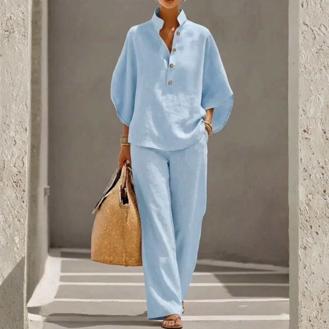 Band Collar Long Sleeve Top and Wide Leg Pants Two Piece Set