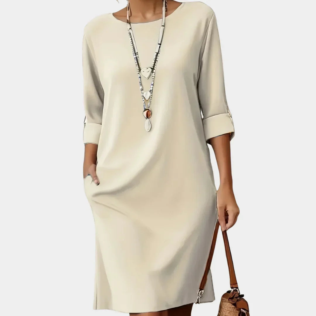 Round Neck Roll Tab Sleeve Shift Dress