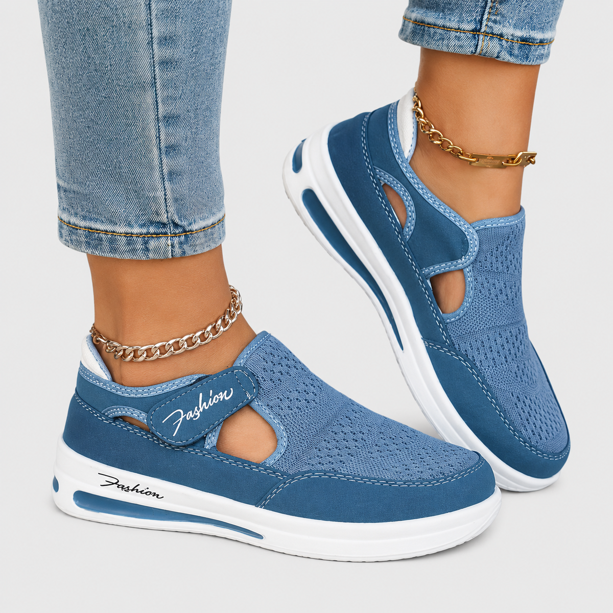 Mesh Cutout Hook and Loop Strap Air Cushion Sneakers
