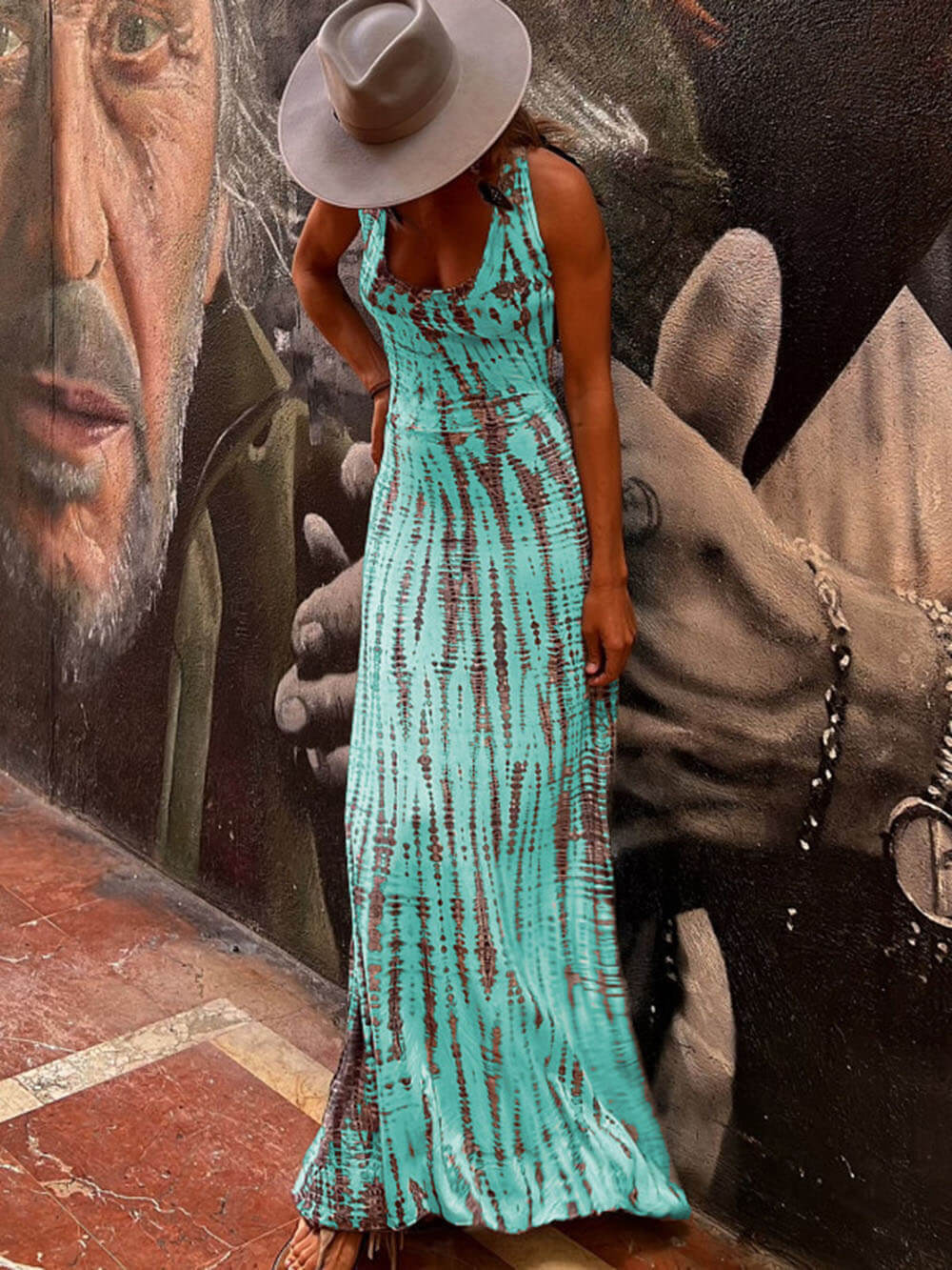 Tie Dye Print Scoop Neck Sleeveless Stretch Knit Maxi Dress 12