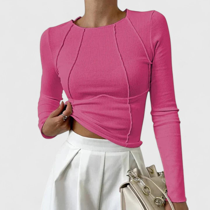 Crew Neck Long Sleeve Ribbed Seam Detail Crop Top