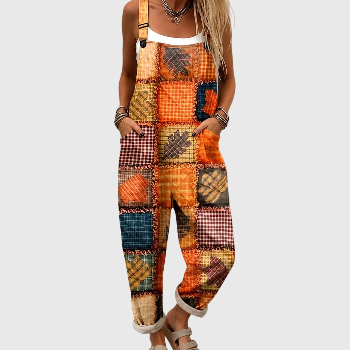 Plaid Patchwork Print Wide Leg Overall Jumpsuit