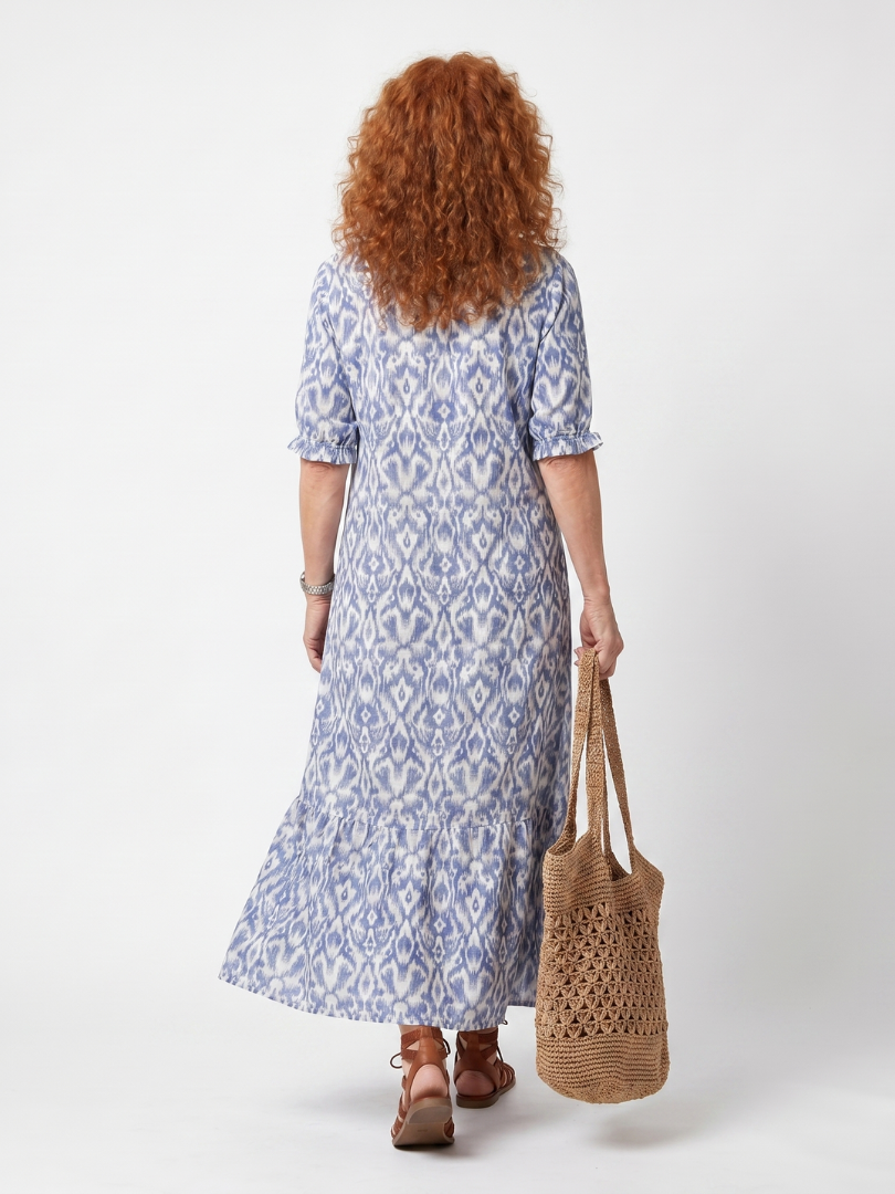 Ikat Print Tassel Tie Neck Tiered Maxi Dress
