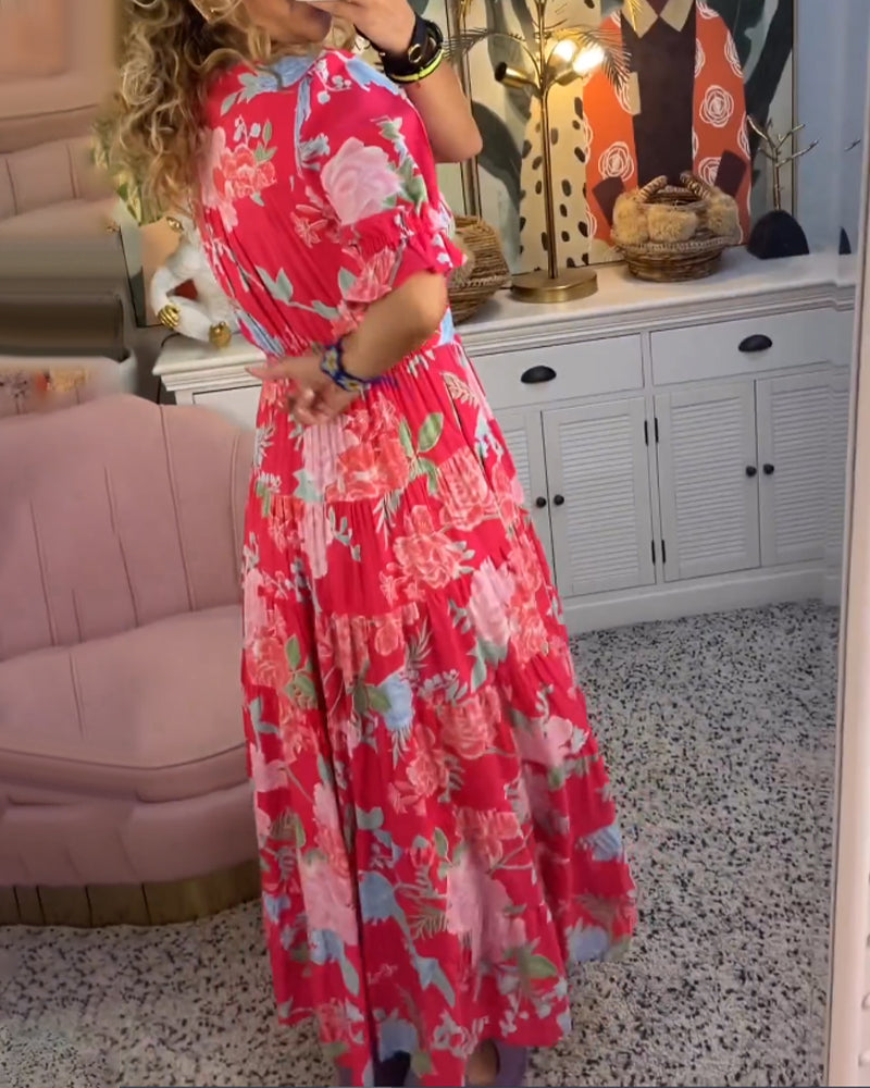 Floral Print Deep V-Neck Puff Sleeve Empire Waist Tiered Pocket Maxi Dress