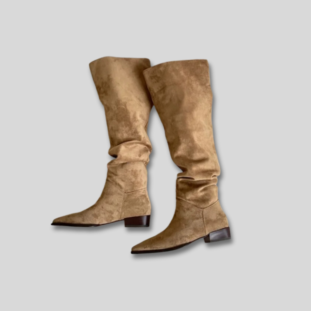Suede Look Pointed Toe Slouchy Knee High Boots
