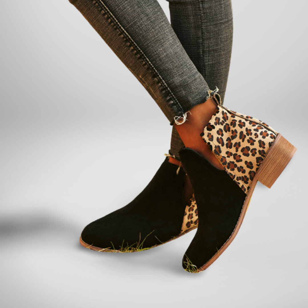 Leopard Print Panel Block Heel Ankle Boots