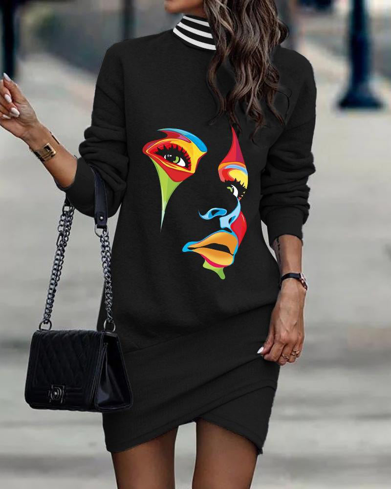 Mock Neck Long Sleeve Geometric Print Wrap Hem Bodycon Mini Dress