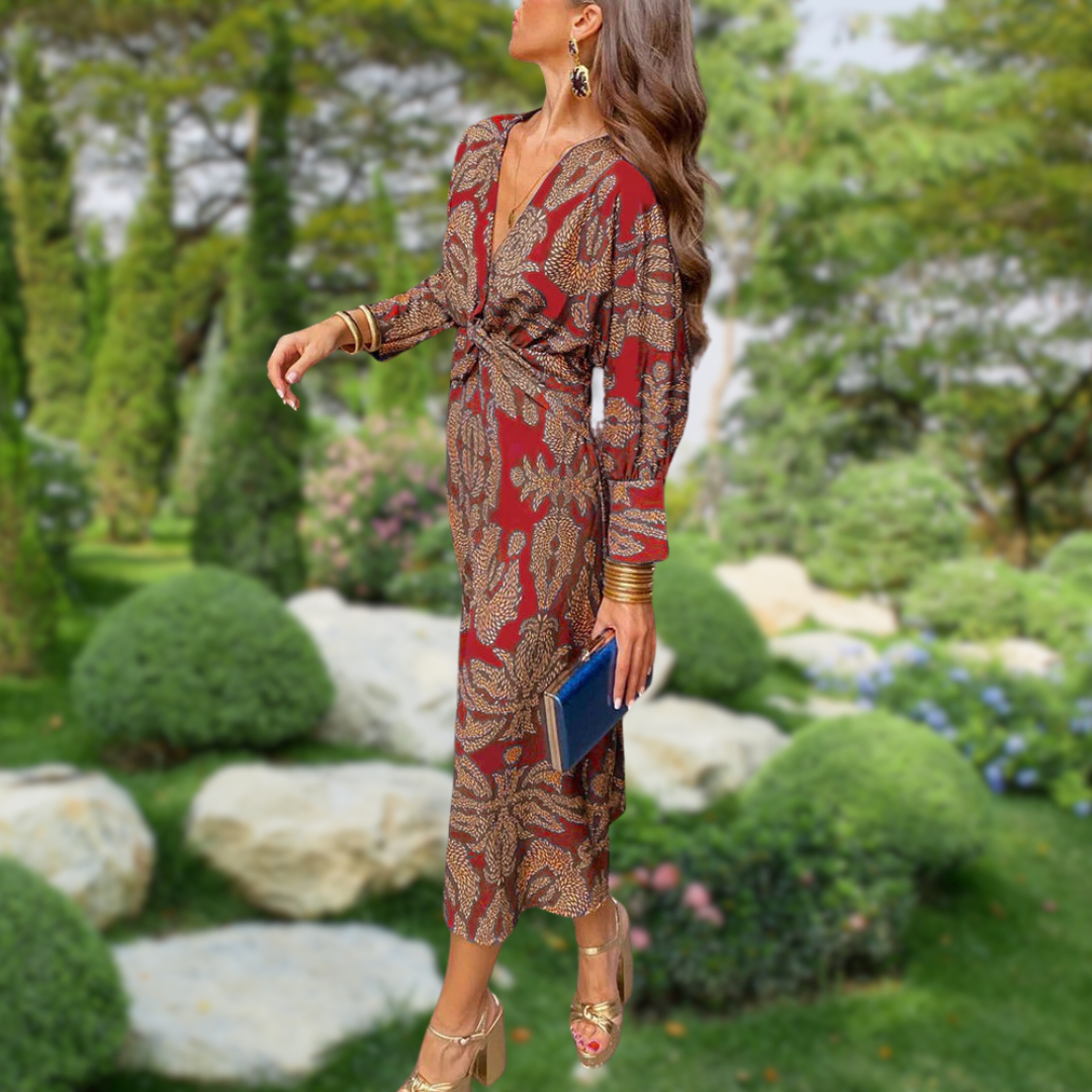 Paisley Print Deep V-Neck Knot Waist Balloon Sleeve Midi Dress